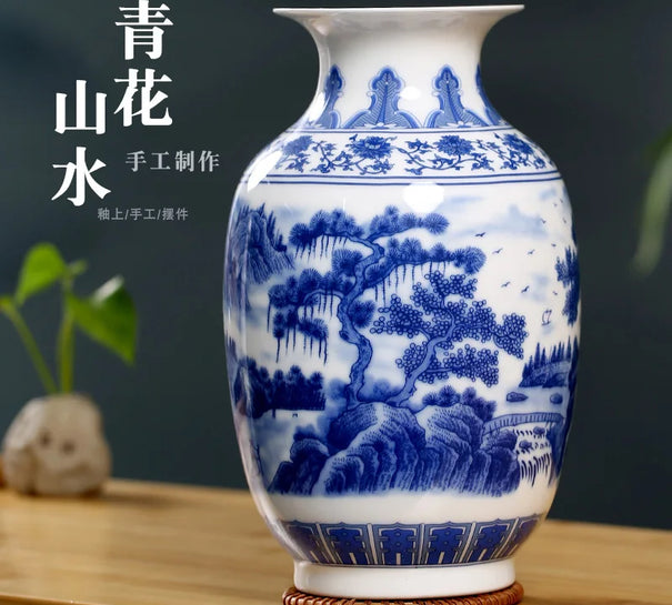 Jingdezhen Blue And White Porcelain Vase Landscape Painting Tabletop Flower Vase Modern Chinese Home TV Cabinet Ceramic Ornament