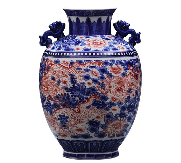 Chinese Style Jingdezhen Blue And White Dragon Vase Ceramic Red Porcelain Kaolin Flower Vase Home Decor Handmade Vases