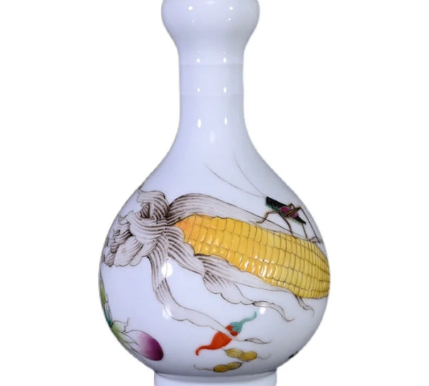 Qing Yongzheng Enamel Garlic Vase Hand-painted Vegetables And Fruits Pattern Vase Antique  Ancient Porcelain