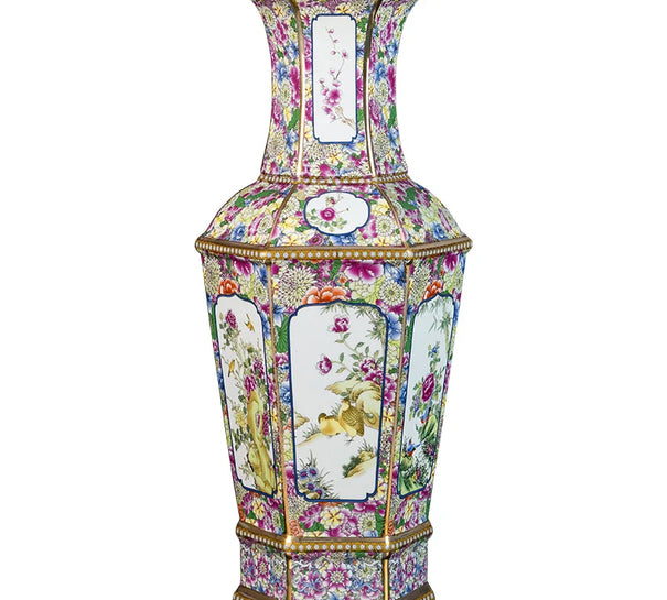 Traditional Chinese Antique Enamel Flowers Hexagonal VaseCeramic Big Floor Vase 55cm Height Large Porcelain Decoration Vase