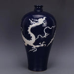 Yuan Blue Glass White Carved Cloud Dragon Pattern Plum Vase Handmade Antique Excavated Porcelain Antique Collection