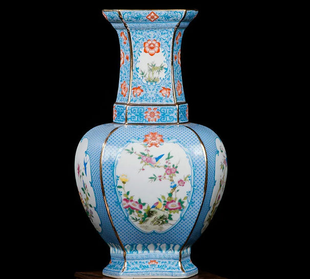 Antique Jingdezhen Classic Blue Handmade Sculpture Flower Bird Pattern Ceramic Vase For New House Decor