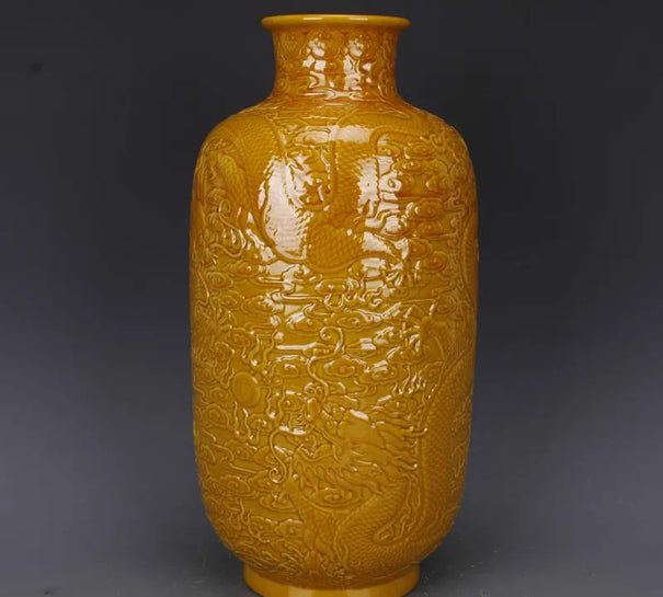 Antique Yellow Glaze Embossed Dragon Home Decoration Porcelain Flower Vase Collection Vase