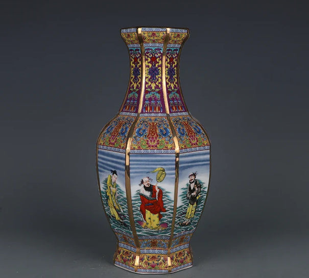 Qianlong Pastel Eight Immortals Figure Octagonal Vase Jingdezhen Antique Porcelain Vase Home Chinese Ornaments