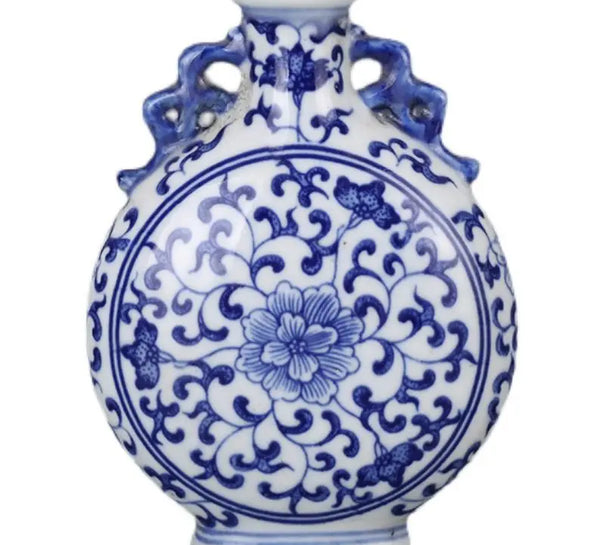 Qing Dynasty Qianlong Blue And White Flower And Bird Flat Vase Antique Collection Porcelain Antique