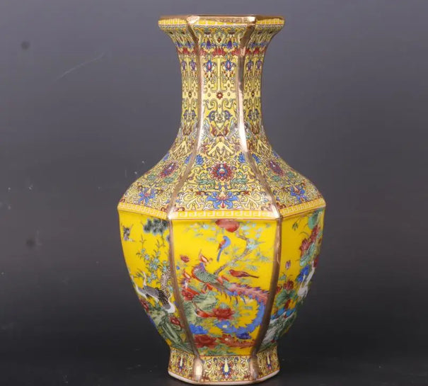 Jingdezhen Antique Enamel Hexagons Vase Yellow Flower And Bird Pattern Vase With Year Mark Qianlong of Qing Dynasty