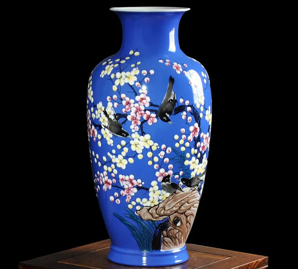 Modern Jingdezhen Ceramics Enamel Porcelain Vase Hand-painted Magpie On Plum Tree Design Vase Flower Vase For Sitting Room