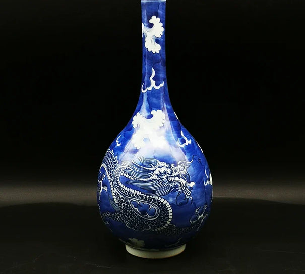 Qing Kangxi's Blue and White Flower Seawater Dragon Pattern Vase Hand-painted Antique ItemsAncient Style Decoration