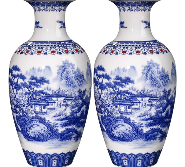 Jingdezhen Ceramics Blue And White Landscape Pattern Vase Ornaments Chinese Living Room Wine Cabinet Antique Eggshell Vase