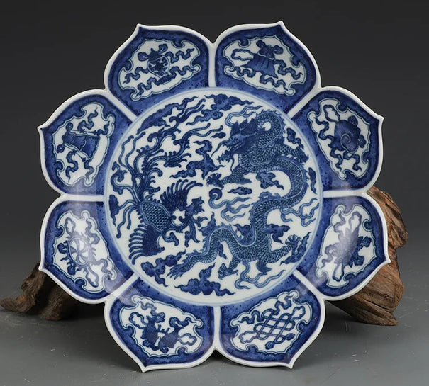 Yongzheng Blue And White Dragon Phoenix Pattern Lotus Plate Antique Collection Decoration Antique Porcelain