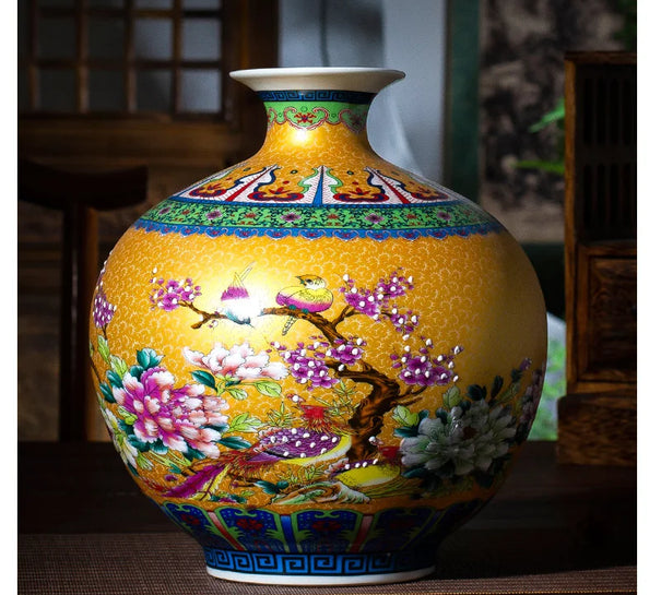 Jingdezhen ceramic vases enamel Caragana vase ornaments living room flower arrangement ancient Chinese enamel  pomegranate vase