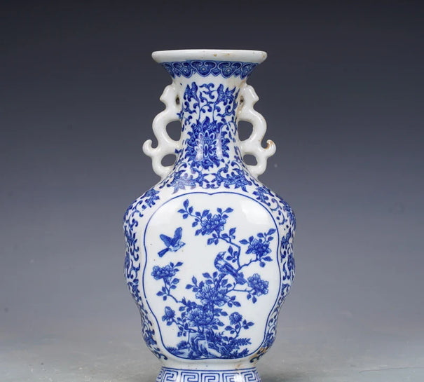 Qing Dynasty Qianlong Porcelain Blue And White Flower And Bird Design Two Ear Vase Antique Porcelain Jingdezhen Ornaments