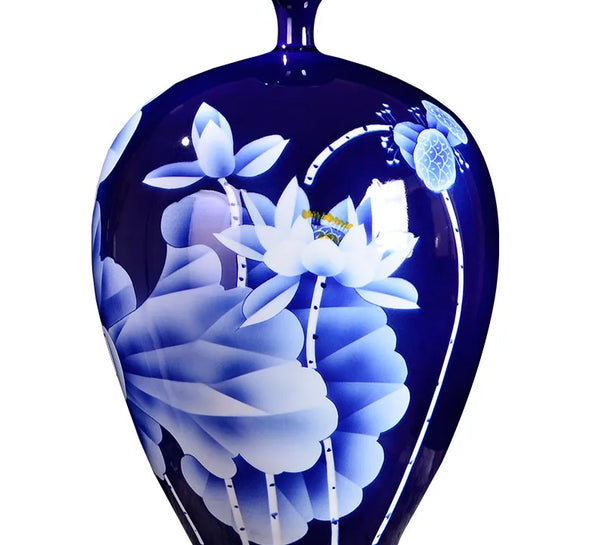 Big Blue Vase Collection Jingdezhen Ceramic Master Handpainted White Lotus Fine Porcelain Decorative Flower Vase