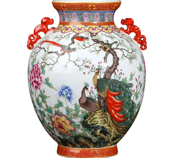 Jingdezhen Ceramics Enamel Peacock Vase Chinese Antique Living Room Flower Arrangement TV Cabinet Home Decoration