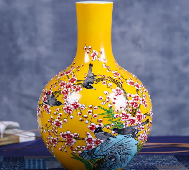 Jingdezhen Ceramic Big Vase Masters Hand Painted Yellow Glaze Enamel Magpie On Plum Tree Globular Tall Floor Vase Chinese Crafts