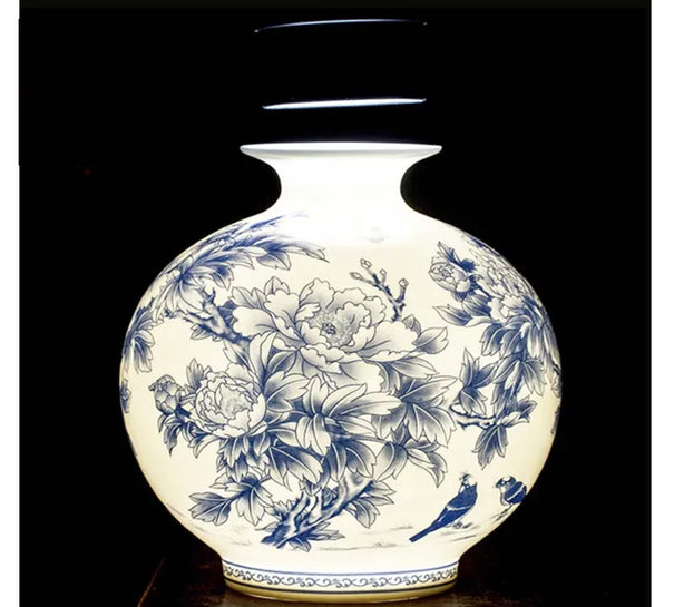 Jingdezhen Ceramic New Chinese Peony Flower Vase Blue And White Porcelain Ornaments Lliving Room Fine Bone China Vase Decoration