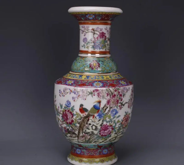 Antique vase with enamel, flowers and birds in Qianlong period of Qing Dynasty