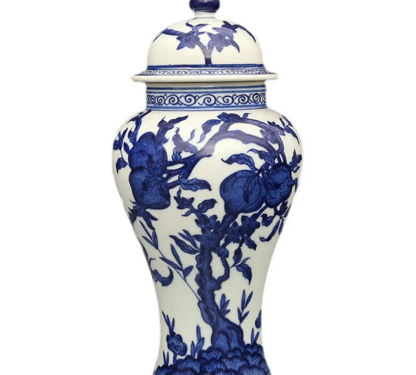 Qing Dynasty Qianlong Hand-painted Blue And White Nine Peach Pattern General Jar Antique Porcelain Collection